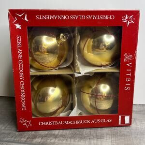 VITBIS Poland 3 inch Gold Red Stripe Glitter Glass Ball Ornament Set of 4